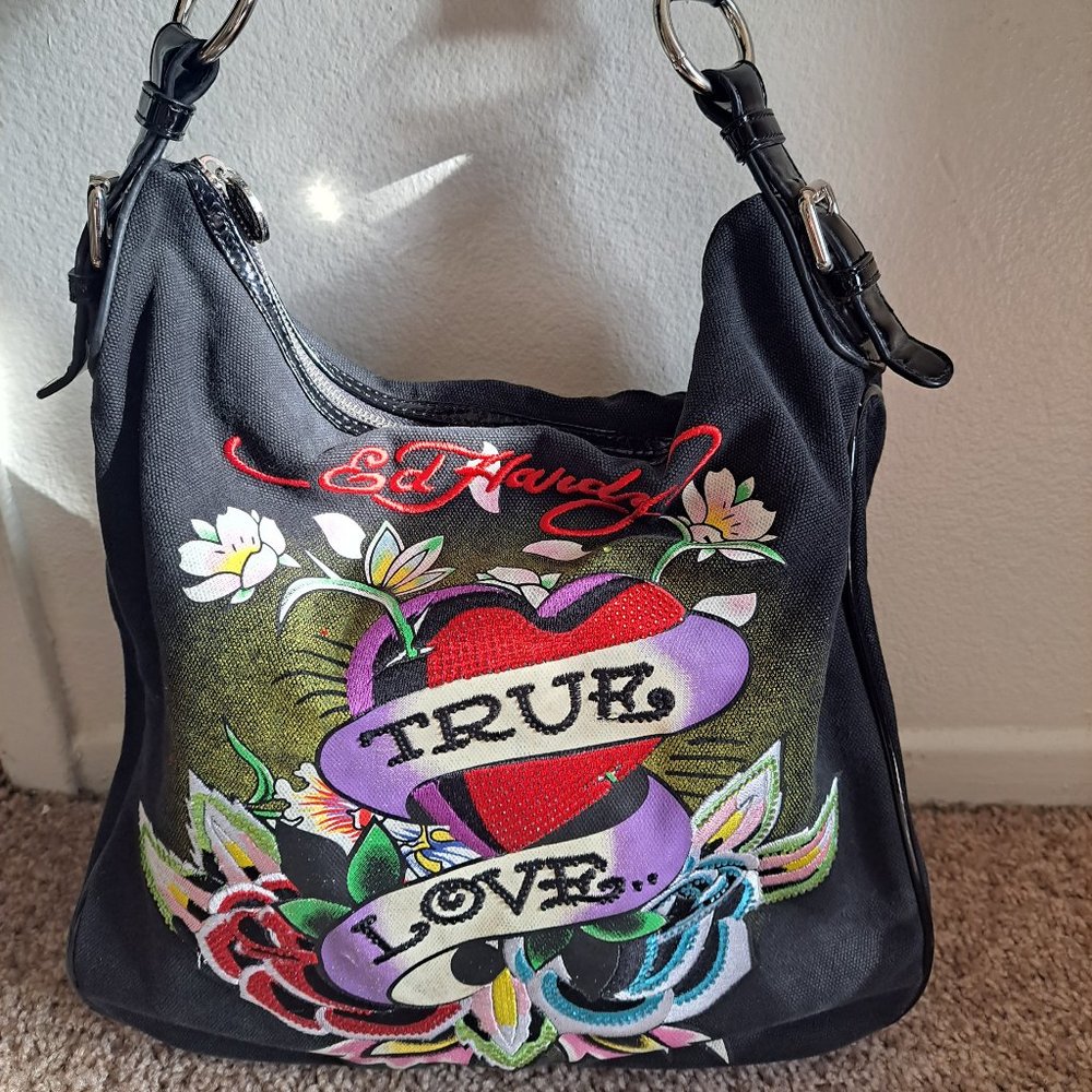 Ed Hardy True Love Heart Flowers Lightning Shoulder Bag Purse NWT Black